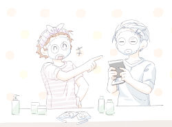  2boys beauty_mask beauty_treatment brown_hair closed_eyes closed_mouth counter grey_hair hair_ornament hairclip hanamura_yousuke hand_on_own_hip highres holding kkyagdoyo164972 male_focus multiple_boys narukami_yu open_mouth persona persona_4 pointing pointing_at_another polka_dot polka_dot_background shirt short_hair short_sleeves simple_background skincare smile striped_clothes striped_shirt upper_body white_background white_shirt 