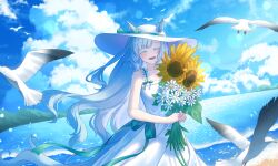  1girl animal_ears beach bird blue_hair blue_sky blush breasts closed_eyes clouds commentary_request dress ears_through_headwear facing_viewer flower hanong_06 hat highres holding holding_flower horse_ears horse_girl horse_tail long_hair mejiro_ardan_(umamusume) ocean open_mouth outdoors seagull sky sleeveless sleeveless_dress smile solo sun_hat sundress sunflower tail umamusume water white_dress white_hat 