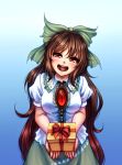  1girl :d bow box brown_hair gift gift_box hair_bow head_tilt highres incoming_gift long_hair looking_at_viewer monorus open_mouth red_eyes reiuji_utsuho smile solo third_eye touhou very_long_hair 
