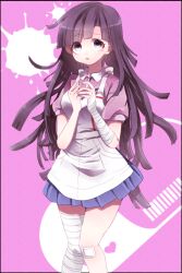  1girl apron bandaged_arm bandaged_hand bandaged_leg bandages bandaid bandaid_on_knee bandaid_on_leg blue_skirt collared_shirt commentary_request cowboy_shot danganronpa_(series) danganronpa_2:_goodbye_despair eyelashes long_hair mole mole_under_eye open_mouth pink_background pink_shirt purple_hair shine5s shirt short_sleeves skirt solo splatter tsumiki_mikan violet_eyes white_apron 