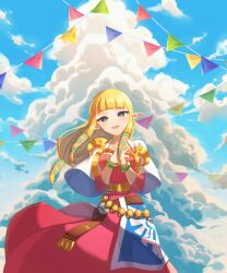  1girl blonde_hair blue_eyes blue_sky bracelet bunting capelet clouds cloudy_sky cumulonimbus_cloud day dress harp hashtag-only_commentary holding_harp instrument jewelry light_particles long_hair looking_at_viewer low-tied_long_hair miri_(cherryjelly) open_mouth pink_dress pointy_ears princess_zelda sidelocks sky solo the_legend_of_zelda the_legend_of_zelda:_skyward_sword white_capelet wind 