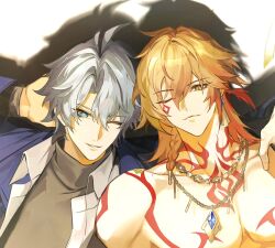  2boys antenna_hair arm_tattoo black_choker black_sweater blonde_hair blue_coat blue_eyes braid chest_tattoo choker coat collared_shirt earrings effervescence_x facial_tattoo gold_earrings gradient_hair highres honkai:_star_rail honkai_(series) jewelry long_sleeves male_focus medium_hair multicolored_hair multiple_boys mydei_(honkai:_star_rail) official_alternate_costume one_eye_closed parted_bangs phainon_(honkai:_star_rail) phainon_(luckin_coffee)_(honkai:_star_rail) red_hair red_tattoo shirt short_hair side_braid sweater tattoo turtleneck turtleneck_sweater white_hair white_shirt yellow_eyes 
