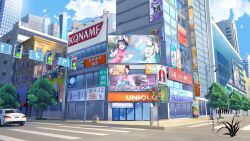  billboard brand_name_imitation car city clouds cloudy_sky commentary_request kamen_rider konami lamppost love_live! minami_kotori motor_vehicle original pedestrian_lights road_sign scenery sign sky traffic_light trash_can tree uniqlo xingzhi_lv yazawa_nico 
