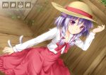  1girl animal_ears braid cat_ears cat_tail dutch_angle from_above hair_ribbon hat highres kopianget leaning_forward looking_at_viewer original purple_hair ribbon short_hair smile solo straw_hat tail twin_braids violet_eyes 
