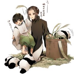  2boys aged_down animal animal_ears arihira_2283 arm_around_neck axis_powers_hetalia baggy_pants basket black_fur black_hair black_shirt black_shoes blunt_ends blush brown_eyes brown_hair brown_slippers carrying carrying_person changpao child china_(hetalia) chinese_clothes detached_sleeves eyeshadow full_body gold_trim grass green_pants highres japan_(hetalia) japanese_clothes kariginu leaf leaf_on_head long_hair long_sleeves looking_at_animal looking_at_another looking_down low_ponytail makeup male_focus mandarin_collar multiple_boys on_one_knee open_mouth panda panda_ears panda_tail pants ponytail red_eyeshadow shadow shirt shoes short_hair sidelocks simple_background sitting slippers smile sweatdrop two-tone_fur weeds white_background white_fur white_pants white_sleeves wide_sleeves 