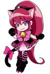  1girl aino_megumi aino_megumi_(cosplay) animal_ears bell black_gloves blue_eyes bow cat_ears cat_tail chiyo_(rotsurechiriha) cosplay genderswap gloves happinesscharge_precure! jingle_bell long_hair panther_pink_(precure) pantyhose paw_pose payot phantom_(happinesscharge_precure!) ponytail precure redhead ribbon shoes skirt smile solo striped striped_legwear tail tiara unlovely_(happinesscharge_precure!) white_background 