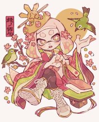  1girl alternate_costume bird boots branch crossed_legs crown flower full_body hair_flower hair_ornament hair_stick highres hummingbird inkling japanese_clothes lace-up_boots mole mole_under_mouth open_mouth p0m4_p0m4 pearl_(splatoon) pink_flower pink_hair short_eyebrows sitting solo splatoon_(series) thick_eyebrows white_boots wide_sleeves 