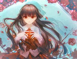  1girl ascot brown_hair chinese_commentary collared_shirt commentary drop_shadow expressionless flower hair_between_eyes highres holding holding_flower ib_(ib) ib_(kouri) light_particles long_hair long_sleeves looking_at_viewer petals picture_frame red_ascot red_eyes red_flower red_petals red_rose red_skirt rose rose_petals shirt skirt solo straight-on thorns untucked_shirt upper_body wanou white_shirt 