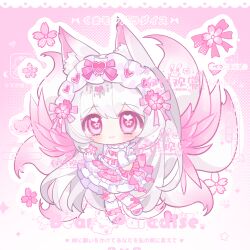  1girl animal_ear_fluff animal_ears blush bow bowtie chibi chibi_only closed_mouth double-parted_bangs dress flower flower-shaped_pupils fox_ears fox_girl fox_tail full_body gloves gradient_background hair_between_eyes hair_bow hands_up highres long_hair original outline pink_background pink_bow pink_bowtie pink_eyes pink_flower purple_shoes shoes short_sleeves smile solo standing symbol-shaped_pupils tail thigh-highs white_dress white_gloves white_hair white_outline white_thighhighs yikemaohetao 