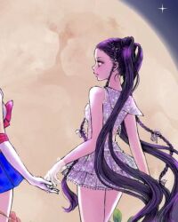  2girls bishoujo_senshi_sailor_moon black_hair blackpink braid closed_mouth commentary_request eundi_ed gloves jennie_(blackpink) korean_commentary lone_nape_hair moon multiple_girls night out_of_frame sailor_moon sailor_senshi_uniform see-through_clothes see-through_gloves skirt twintails 