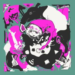  1boy 1girl 3ma_can_omochi abstract abstract_background black_dress commentary disembodied_arm doremy_sweet dress flat_color from_above full_body green_background hat highres limited_palette looking_at_viewer nightcap open_mouth pink_hat smile solo tapir tareme this_man touhou two-tone_dress white_dress 