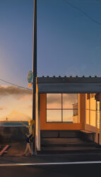  1girl absurdres arm_at_side blonde_hair blue_skirt blue_sky bocchi_the_rock! bow bowtie bus_stop_shelter chinese_commentary clouds commentary_request drumsticks evening from_side full_body hand_up highres holding holding_drumsticks ijichi_nijika long_hair outdoors profile red_bow red_bowtie red_shoes road_sign scenery shirt shoes short_sleeves side_ponytail sign skirt sky solo standing utility_pole very_long_hair white_shirt window window_shadow ziyouhhh 