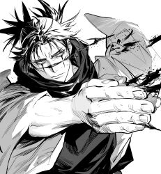  bags_under_eyes black_hair blood choso_(jujutsu_kaisen) facial_mark facial_tattoo foreshortening greyscale hemokinesis highres jujutsu_kaisen monochrome own_hands_together robe scar scar_on_face sennin_(inoinox) short_hair solo tattoo upper_body white_background white_robe wide_sleeves 