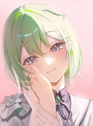  1girl 1other absurdres black_shirt blush braid brooch choppy_bangs closed_mouth collared_shirt green_hair hair_intakes hand_on_another's_face hashtag-only_commentary head_tilt highres holding_hands jacket jewelry looking_at_viewer neck_ribbon out_of_frame pink_background portrait pov ribbon shirt short_hair smile stellive violet_eyes virtual_youtuber white_jacket white_ribbon wing_collar yurakhan yuzuha_riko 