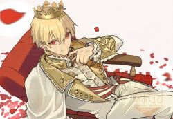  1boy adjusting_collar aoten_(aoiroarekore) blonde_hair buttons chair commentary crown earrings fate_(series) from_above gilgamesh_(fate) gold_earrings hair_between_eyes hand_up highres jewelry long_sleeves looking_at_viewer male_focus on_chair pants petals red_eyes red_petals short_hair sitting solo twitter_username untranslatable_commentary watermark 