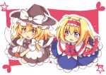  2girls acoco alice_margatroid apron ascot blue_eyes blush book braid broom broom_riding capelet grimoire hat highres holding holding_book kirisame_marisa long_hair multiple_girls open_mouth short_hair side_braid touhou waist_apron witch_hat yellow_eyes 