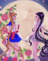  2girls back bishoujo_senshi_sailor_moon black_hair black_shoes blackpink blonde_hair blue_skirt boots closed_mouth commentary_request double_bun eundi_ed eye_contact falling_petals feet_out_of_frame gloves hair_bun holding holding_hands holding_wand jennie_(blackpink) korean_commentary leg_warmers looking_at_another moon multiple_girls night petals pink_petals red_boots sailor_moon sailor_senshi_uniform shoes skirt sparkle twintails wand 