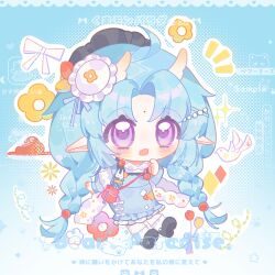  1girl :d animal_ears apron black_shoes blue_apron blue_background blue_hair blush bow braid chibi chibi_only dress facial_mark forehead_mark frilled_dress frills full_body goat_ears goat_girl goat_horns gradient_background hand_up highres horns long_hair long_sleeves notice_lines open_mouth original outline parted_bangs shoes smile socks solo sparkle standing twin_braids violet_eyes white_bow white_dress white_outline white_socks yikemaohetao 