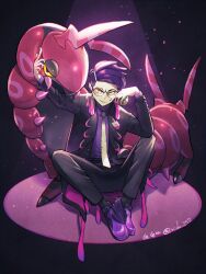  1boy antennae black-framed_eyewear black_hair black_jacket black_pants black_socks bug centipede closed_mouth collared_shirt colored_sclera commentary_request corbeau_(pokemon) dusk_ball eyewear_strap glasses highres holding holding_poke_ball jacket long_sleeves looking_at_viewer mega_stone mido_(mido504) necktie open_clothes open_jacket pants parted_hair poke_ball pokemon pokemon_(creature) pokemon_legends:_z-a purple_hair purple_shirt purple_shoes round_eyewear scolipede shirt shoes short_hair short_sideburns sideburns sitting smile socks spotlight undercut white_necktie yellow_eyes yellow_sclera 