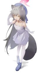  1girl absurdres animal_ears bell blue_archive choker commentary dress elbow_gloves full_body gloves grey_hair halo hand_up hat highres jingle_bell long_hair looking_at_viewer michiru_(blue_archive) michiru_(dress)_(blue_archive) neck_bell official_alternate_costume open_mouth pantyhose pink_halo purple_choker purple_dress purple_hat purple_shoes raccoon_ears raccoon_girl raccoon_tail shoes simple_background solo standing tail very_long_hair white_background white_gloves white_pantyhose xingye_jing_xuan yellow_eyes 