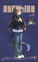  1girl :d absurdres airi_kanna alternate_costume alternate_hairstyle antenna_hair bag black_bag black_jacket black_tail blue_background blue_eyes blue_hair blue_pants blue_tail blush brown_hair character_name collarbone colored_inner_hair commentary_request copyright_name cover cover_page cross-laced_shoes deformed denim diagonal-striped_background dragon_girl dragon_tail eyes_visible_through_hair firehippo forehead_tattoo full_body gradient_tail green_shoes hair_intakes hair_tie handbag hands_up head_tilt heart highres holding holding_microphone horns jacket jeans korean_commentary long_hair long_sleeves looking_at_viewer looking_to_the_side low-tied_long_hair low_twintails microphone multicolored_hair multicolored_shoes open_mouth pants raised_eyebrows scales shaded_face shirt shoes shoulder_bag shoulder_strap sidelocks smile sneakers solo spoken_character squiggle_eyes standing stellive streaked_hair striped_background swept_bangs tail tattoo thick_eyelashes twintails two-tone_shoes very_long_hair virtual_youtuber white_horns white_shirt white_shoes 
