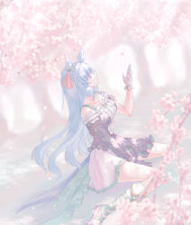  1girl absurdres animal_ears asymmetrical_footwear asymmetrical_gloves asymmetrical_sleeves bare_shoulders black_dress black_gloves blue_hair braid breasts center_frills cherry_blossoms collarbone commentary_request crown_braid dress ear_ornament ear_ribbon frills gloves hanong_06 highres horse_ears horse_girl horse_tail long_hair medium_breasts mejiro_ardan_(crystalline)_(umamusume) mejiro_ardan_(umamusume) mismatched_gloves off-shoulder_dress off_shoulder outdoors sitting solo tail umamusume uneven_footwear uneven_sleeves violet_eyes wariza white_gloves 
