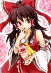 1girl ascot bare_shoulders bow brown_hair checkered checkered_background commentary_request detached_sleeves finger_licking hair_bow hair_tubes hakurei_reimu licking long_hair monrooru parfait red_eyes solo touhou 