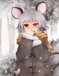  1girl alternate_costume animal_ears arano_oki blush coat grey_hair jewelry mouse mouse_ears mouse_tail nazrin pendant red_eyes scarf short_hair snowing solo tail tiger_print touhou winter_clothes winter_coat 
