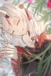  1girl absurdres bell closed_eyes cokei commentary fang hair_between_horns highres hololive horn_ornament horns long_hair multicolored_hair nakiri_ayame nakiri_ayame_(1st_costume) oni red_hair sleeping solo virtual_youtuber white_hair wide_sleeves 