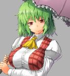  1girl ascot breasts bust collared_shirt green_hair grey_background head_tilt holding_umbrella kazami_yuuka large_breasts long_sleeves looking_at_viewer nokishita_kumoemon open_clothes open_vest plaid plaid_vest puffy_long_sleeves puffy_sleeves red_eyes simple_background smile solo touhou umbrella vest 