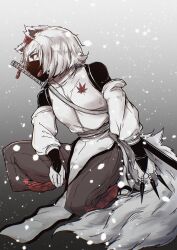  1girl absurdres alternate_costume animal_ears between_fingers breasts bridal_gauntlets brown_pants commentary_request detached_sleeves grey_hair hat highres holding inubashiri_momiji katana kunai ma_(22mabo) mask mouth_mask pants pelvic_curtain red_eyes red_hat red_mask sheath sheathed side_slit small_breasts solo sword sword_on_back tail tokin_hat touhou weapon weapon_on_back wolf_ears wolf_girl wolf_tail 