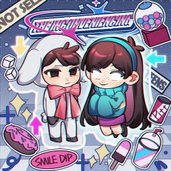  1boy 1girl animal_costume animal_ears black_eyes blank_eyes blue_hairband blue_sweater bow bowtie brown_hair dipper_pines doughnut english_text episode_title er-ytz floating food gravity_falls gumball_machine hairband highres ice ice_cube mabel_pines pink_bow pink_bowtie popsicle possessed sheep_costume sheep_ears siblings sleeves_past_fingers sleeves_past_wrists slushie sweater twins 