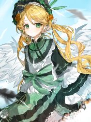  1girl black_flower black_rose blonde_hair closed_mouth cowboy_shot dress flower frilled_dress frilled_sleeves frills green_bonnet green_dress green_eyes hair_flower hair_ornament highres lolita_fashion long_hair long_sleeves looking_at_viewer mahou_shoujo_no_majo_saiban miao_miao_lu_kong rose sky solo standing tono_hanna twintails very_long_hair white_flower white_rose white_wings wings yellow_flower yellow_rose 