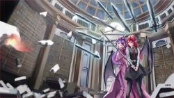  2girls absurdres black_skirt black_vest bleeding blood blood_on_face book bookshelf capelet chinese_commentary collared_shirt commentary_request crescent crescent_hat_ornament demon_wings dress fire floating floating_object floating_sword floating_weapon hat hat_ornament head_wings highres holding holding_sword holding_weapon koakuma library long_hair long_sleeves mob_cap multiple_girls necktie patchouli_knowledge pink_capelet pink_dress pink_eyes purple_hair red_eyes red_hair red_necktie shirt skirt skirt_set striped_clothes striped_dress sword touhou vertical-striped_clothes vertical-striped_dress vest voile weapon white_shirt wide_sleeves wings xiaoxijino 