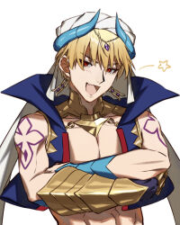  1boy bare_shoulders blonde_hair commentary_request cropped_vest crossed_arms earrings fang fate/grand_order fate_(series) gauntlets gilgamesh_(caster)_(fate) gilgamesh_(fate) gold_earrings high_collar highres jewelry looking_at_viewer male_focus no_shirt open_clothes open_mouth open_vest raisakaki01 red_eyes short_hair shoulder_tattoo simple_background single_gauntlet skin_fang smile solo star_(symbol) tattoo toned toned_male turban upper_body variant_set vest white_background white_turban 