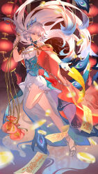  1girl absurdres between_fingers blue_nails bracelet changmingsuo chinese_clothes dress floating_hair fukubukuro full_body hair_intakes hair_ornament high_heel_sandals highres holding holding_ofuda honkai:_star_rail honkai_(series) jewelry knees_up lantern leg_up looking_at_viewer multiple_rings nail_polish ofuda ofuda_between_fingers payuyu peacock_feathers_hair_ornament ring sandals solo toenail_polish toenails yao_guang_(honkai:_star_rail) 