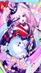 1girl absurdres black_choker black_gloves braid breasts choker commentary diamond_(shape) diamond_facial_mark facial_mark gloves hat heart heart_facial_mark highres holding holding_weapon honkai:_star_rail honkai_(series) long_hair looking_at_viewer maegjuw mini_hat mini_top_hat multicolored_hair open_mouth smile solo sparkle_(honkai:_star_rail) sparxie_(honkai:_star_rail) streaked_hair thumbs_up_emoji top_hat twintails v violet_eyes weapon white_hair 