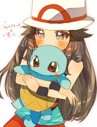  1girl absurdres blue_shirt blush brown_eyes brown_hair commentary_request godouyu_(neisukun) hat highres holding holding_pokemon leaf_(pokemon) long_hair looking_at_viewer pokemon pokemon_(creature) pokemon_frlg porkpie_hat red_skirt shirt skirt sleeveless sleeveless_shirt squirtle tail white_hat wristband 