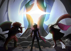  1boy 1girl 1other angel_wings animal_ears armlet armor axe barefoot battle_axe black_boots blue_hair bodysuit boots bracelet broken_wood_planks buckle capelet cloak colored_skin commentary deltarune floppy_ears from_behind furry furry_female furry_male gauntlets glasses glowing goat_boy goat_ears goat_horns greaves green-framed_eyewear green_cloak hair_over_eyes heart heart-shaped_buckle highres holding holding_axe holding_sword holding_weapon horns jacket jewelry kris_(deltarune) long_sleeves medium_hair muscular muscular_female open_clothes open_jacket pants pink_scarf ponzudesu purple_hair purple_pants purple_skin ralsei scarf sharp_teeth short_hair shoulder_armor shoulder_rest signature size_difference sleeveless spiked_armlet spiked_bracelet spikes spoilers star_(symbol) susie_(deltarune) sword teeth titan_(deltarune) utdr_(toby_fox) weapon white_fur wings wooden_floor 