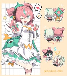  2girls absurdres aria_(zenless_zone_zero) arm_warmers black_sclera black_skirt blue_eyes blush bridal_gauntlets brown_background center_frills closed_eyes colored_sclera commentary_request crossed_bangs dress fingerless_gloves flying_sweatdrops frilled_sleeves frills fur-trimmed_skirt fur_trim gloves green_eyes hair_between_eyes heart highres humanoid_robot korean_commentary leg_warmers looking_at_viewer motion_lines multiple_girls multiple_hair_clips musical_note one_eye_closed ooyun open_clothes pink_arm_warmers pink_bag pink_gloves pink_hair pink_leg_warmers ponytail quad_tails robot robot_girl shoes skirt spoken_heart spoken_musical_note standing standing_on_one_leg star-shaped_pupils star_(symbol) striped_arm_warmers striped_leg_warmers sunna_(zenless_zone_zero) sweatdrop symbol-shaped_pupils twitter_username v white_bridal_gauntlets white_dress white_shoes white_wings winged_bag wings zenless_zone_zero 