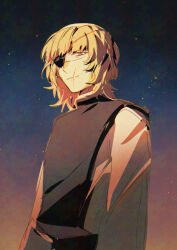  1boy badeni black_tabard blonde_hair chi.:_chikyuu_no_undou_ni_tsuite closed_mouth eyepatch kadeart light_smile male_focus scar scar_on_face scar_on_lip scar_on_mouth scar_on_nose short_hair simple_background solo star_(sky) tabard tonsure upper_body 