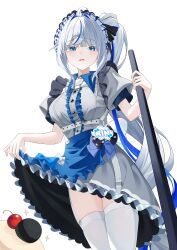  1girl absurdres ahoge aokumo_rin apron black_bow black_bowtie black_ribbon blue_apron blue_bow blue_bowtie blue_eyes blue_hair bow bowtie breasts center_frills cloud_hair_ornament collared_dress cowboy_shot daon_1798 dress frilled_apron frilled_dress frills garter_straps grey_dress hair_ribbon hair_rings highres kurimi_(aokumo_rin) large_breasts long_hair maid_apron maid_headdress multicolored_hair name_tag polka_dot polka_dot_bow puffy_short_sleeves puffy_sleeves ribbon short_sleeves side_ponytail sidelocks simple_background stellive streaked_hair thigh-highs two-sided_dress two-sided_fabric very_long_hair virtual_youtuber white_background white_hair white_thighhighs 