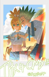  1boy 1girl 2boys absurdres alternate_costume beach blonde_hair bracelet bucket cellphone chair choker clouds commentary_request denim denim_shorts dr._stone folding_chair green_eyes green_hair hair_ornament happyfrogpopo highres holding holding_phone ishigami_senkuu jewelry kohaku_(dr._stone) midriff multicolored_hair multiple_boys navel ocean open_mouth outdoors phone sand shirt shorts smartphone spiky_hair tied_shirt towel twitter_username two-tone_hair white_shirt 