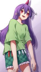  1girl :3 :d breasts commentary_request cowboy_shot double-parted_bangs frilled_shorts frills gradient_background green_shirt green_shorts grid_background hair_between_eyes highres horns long_hair open_mouth pointy_ears purple_background purple_hair red_eyes shirt short_sleeves shorts single_horn small_breasts smile solo standing straight_hair tenkajin_chiyari tongue touhou white_background yosshy 