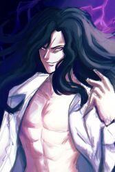  1boy abs ch3wry collared_shirt commentary electricity evil_smile floating_clothes floating_hair hand_up highres long_hair looking_at_viewer male_focus michael_roa_valdamjong open_clothes open_shirt pale_skin pectorals red_eyes shirt smile smirk standing toned toned_male tsukihime upper_body vampire very_long_hair wavy_hair white_shirt 