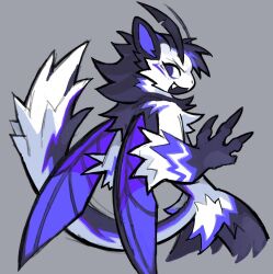  1other animal_ears body_fur cowboy_shot dragon_boy fang from_behind furry grey_background highres insect_wings jellychuz multicolored_fur multicolored_tail open_mouth original other_focus purple_fur purple_tail simple_background smile tail white_fur white_tail wings 