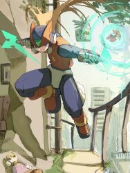  1boy absurdres armor black_eyes bladed_tonfa blonde_hair commentary_request cyber_elf_(mega_man) dual_wielding energy_blade forehead_jewel helmet highres holding holding_weapon long_hair mega_man_(series) mega_man_zero_(series) omochi_(mochi_skymega) red_armor red_helmet solo_focus weapon 