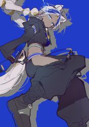  1girl aitekku animal_ears arclight_(arknights) arknights arknights:_endfield black_boots black_jacket black_pants blue_background blue_eyes blue_hair boots braid breasts closed_mouth clothing_cutout commentary cropped_jacket dark-skinned_female dark_skin eye_trail forehead_jewel highres hip_vent hood hood_down jacket light_trail long_hair long_sleeves looking_at_viewer medium_breasts multi-tied_hair multicolored_hair pants simple_background solo tail white_hair 