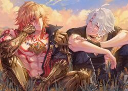  2boys antenna_hair arm_tattoo armlet armor armored_boots artist_name black_choker black_coat black_gloves black_pants black_shirt blonde_hair blue_sky boots braid chest_tattoo choker clawed_gauntlets closed_eyes coat commentary earrings english_commentary facial_tattoo fingerless_gloves gloves gold_earrings gold_necklace gradient_hair head_rest honkai:_star_rail honkai_(series) jewelry male_focus medium_hair multicolored_hair multiple_boys mydei_(honkai:_star_rail) neck_tattoo necklace open_clothes open_coat pants parted_bangs pauldrons phainon_(honkai:_star_rail) red_hair red_tattoo shirt short_hair shoulder_armor side_braid single_glove single_pauldron sky sun_symbol sun_tattoo tattoo vetur02 wheat_field white_hair yellow_eyes 