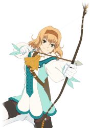  1girl artist_request ascot blonde_hair boots bow_(weapon) breasts brown_hairband brown_pantyhose closed_mouth commentary cowboy_shot drawing_bow game_cg gloves green_eyes hairband holding holding_bow_(weapon) holding_weapon looking_at_viewer medium_breasts natalia_luzu_kimlasca_lanvaldear official_art orange_ascot pantyhose quiver short_hair smile solo standing standing_on_one_leg tales_of_(series) tales_of_asteria tales_of_the_abyss thigh-highs third-party_source transparent_background weapon white_boots white_gloves white_thighhighs 